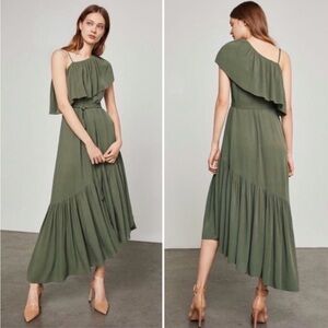 BCBGMaxAzria Conrad Asymmetrical Flounce Ruffle Midi Dress in Olive Green, Large
